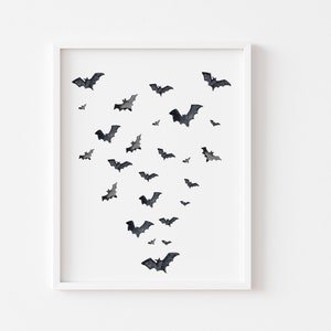 Spooky Bats Painting | Whimsical Halloween Art Print | Fall Art Print | Fall Pumpkins Print | Black Bats Art | Halloween Wall Art Decor