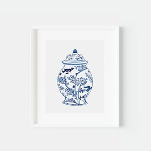 Ginger Jar Watercolor Painting | Grand Millennial Art Print | Chinoiserie Chic Style | Blue and White Chinoiserie  Porcelain Art | HomeDecor