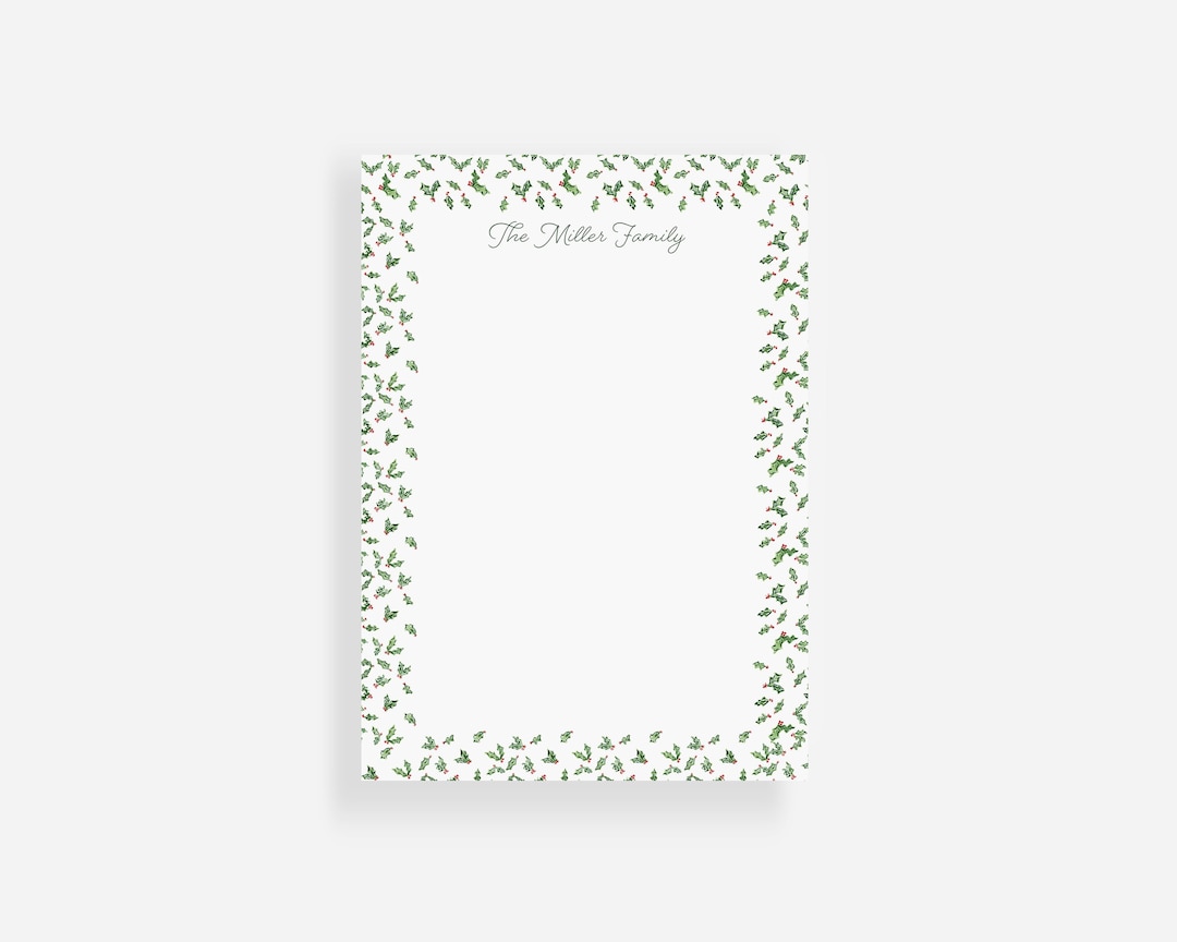 Holly Notepad Personalized Christmas Notepads Watercolor Green Holly
