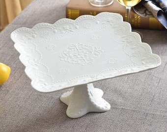 Ceramic Milk Glass Cake Stand / Vintage Wedding Cake Pedestal / White Cake Plate Ruffle Cake Stand / lace wedding cake stan