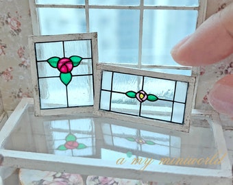 Dollhouse | Miniature shabby stained glass window - Rose (Red/ Pink)