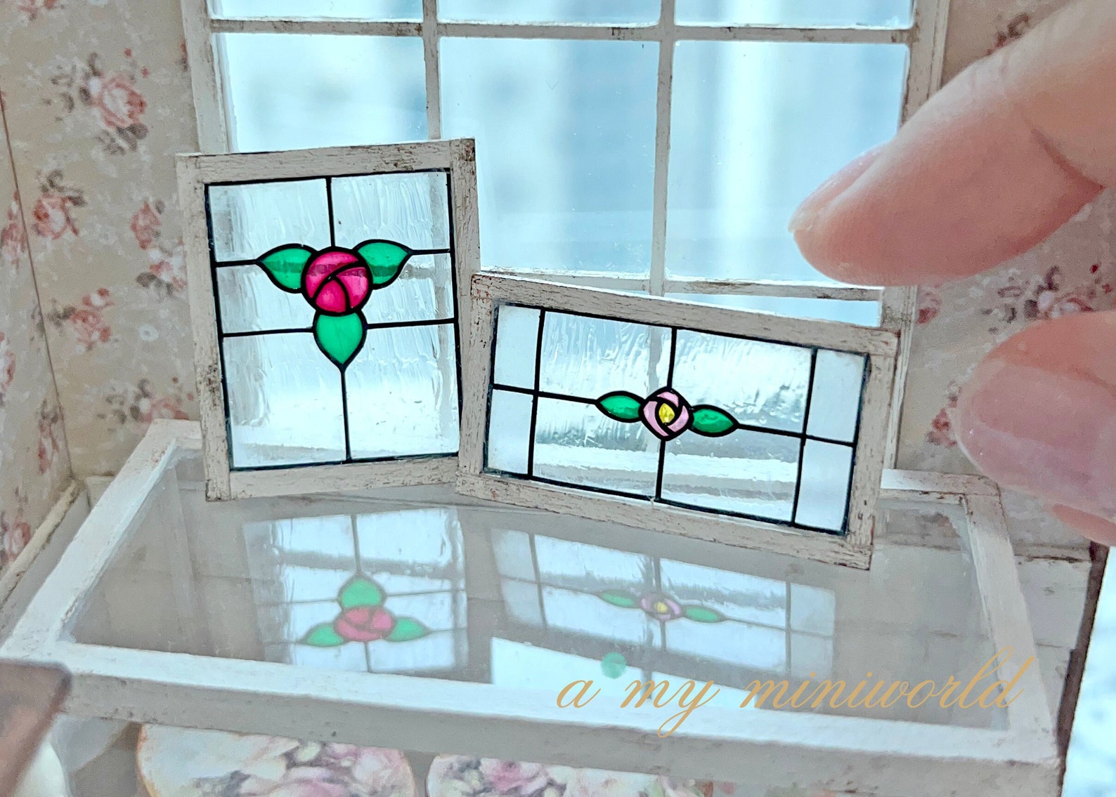 Dollhouse | Miniature Shabby Stained Glass Window - Rose (red/ Pink) - Etsy