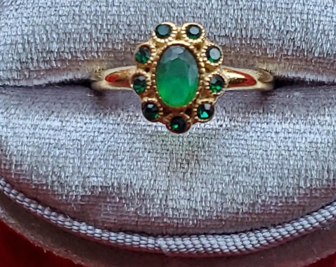 R-0104 - Green Crystal Forget Me Not Cluster Ring - Georgian, Flower, Cluster