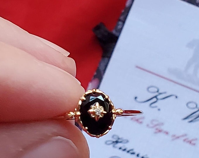 R-0000 - Black Agate and Crystal Ring - Civil War, Mourning, Black