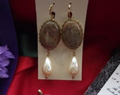 E-0520 - Gold-Plated Hoops with Vintage Autumn Jasper Cabochons and Vintage Glass Pearl Drops