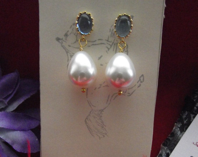 E-0527 - Glass Colored Posts with White South Sea Shell Pearl Drops -Georgian Earrings Reenactor Earrings Wedding Earrings Regency Earrings