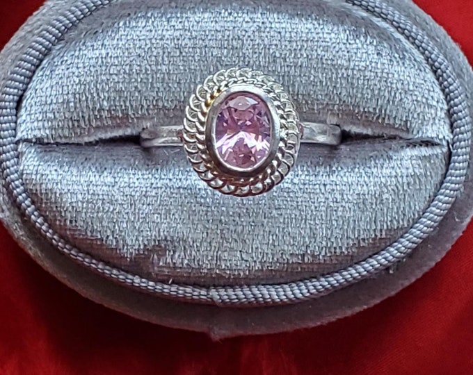 Item R-0003 - Silver Plated Rose Swarovski Crystal Vintage Ring - Pink Ribbon