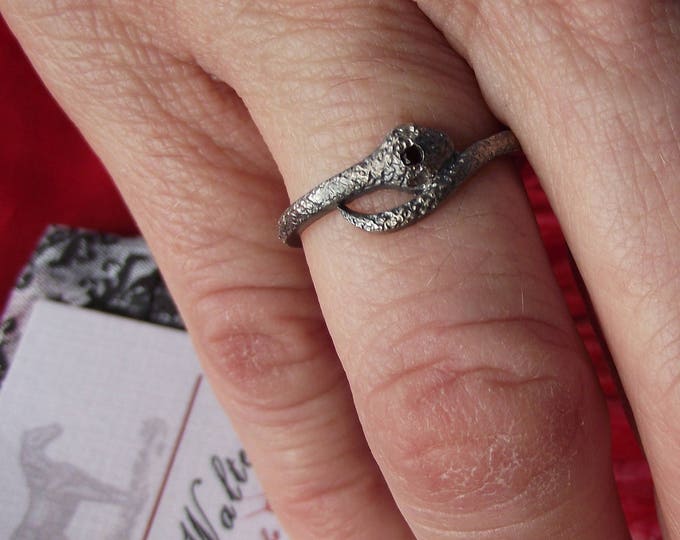 R-0001 -Sterling Silver Cut Steel Snake Ring with Crystal and Garnet, Memorial Ring, Steampunk Ring, Goth Ring. Regency Ring, Georgian Ring