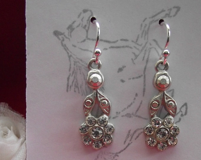 E-0628 - Sterling Silver Earwire with Silver Crystal Cluster Flower Drops  - 1780's Earrings, Regency Earrings, Living History, Prom