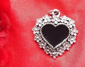 PE-0075B - Silver Flower Black Vintage Heart Pendant - Reenactor Jewelry, Mourning Pendant, Victoria Mourning Heart, Mrs. Lincoln Mourning