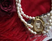 Item N-0165 - Clear Glass Cameo Reverse Intaglio and White Cultured Rice Pearl Collar Necklace
