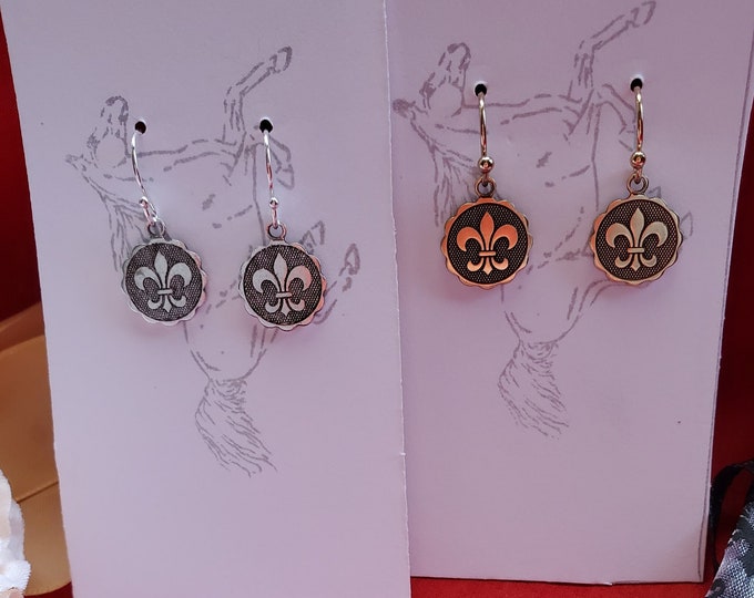 E-0624 - Fleur de Lis Medallion Drop Earrings, Renaissance Earrings, Georgian Earrings, Regency Earrings, Victorian Earrings, Boy Scouts
