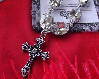 N-0107 - Georgian Paste Collet Necklace with Vintage Clear Crystals and Pewter Cross Pendant - 18th Century, Georgian, Regency, Victorian