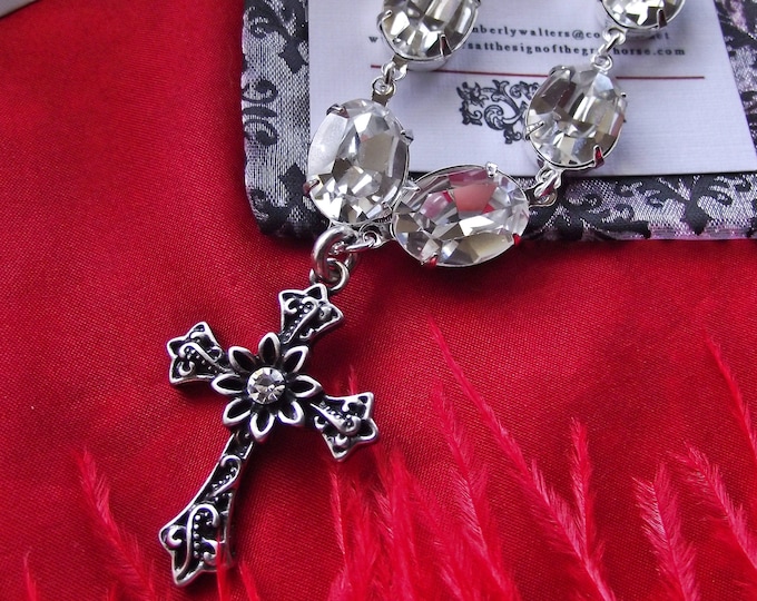 N-0107 - Georgian Paste Collet Necklace with Vintage Clear Crystals and Pewter Cross Pendant - 18th Century, Georgian, Regency, Victorian