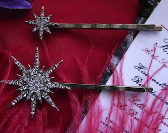 HA-0106 - Brass Crystal Star Bobby Pins - Reenacting, Historical Hair Pins, Wig Sprigs, Hair Decorations