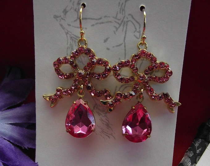 E-0580C - Rhinestone Georgian Bow Earrings with Crystal Drops - Georgian Bow Earrings, Georgian Earrings, Georgian Paste