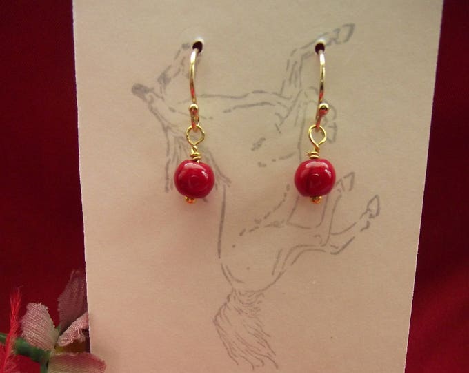 E-0014 - Round Glass or Natural Stone Earrings - Regency, Georgian, Renaissance, Victorian , Red Coral