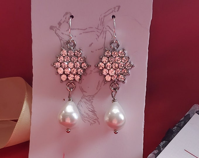 N-0108 / E-0108 - Clear Rhinestone Collet Necklace and Matching Earrings with South Sea Shell Pearls - Forget Me Not, Clear, Hexagon Style