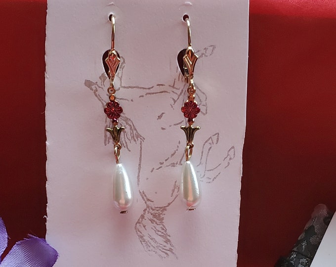 E-0014B - Enameled Flower and Glass Pearl Drop Earrings