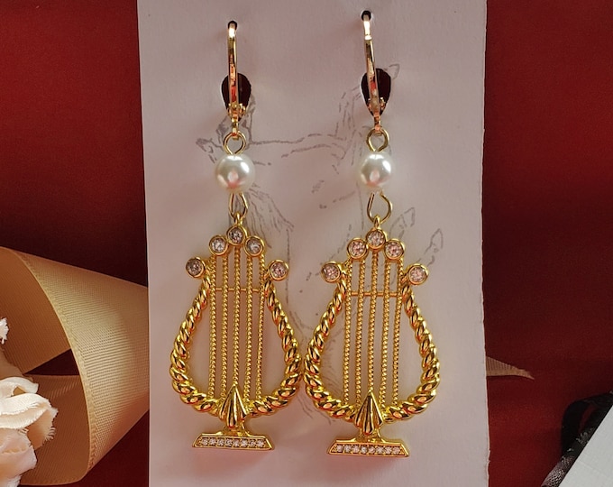 E-0341- Lyre CZ and Glass Pearl Drop Earrings - Music Lover, Regency, Roman, Greek, Music Earrings, Harp, Music