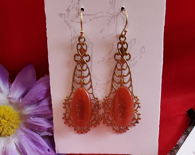 E-0239A - Gold-Filled Earwrires with Carnelian Roman Lady Intaglio Pendalogue Earrings - Georgian Cameo, Civil War, Victorian, Regency