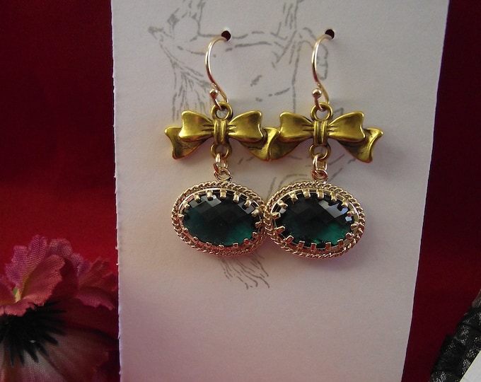 E-0503B - Gold-Filled Bow Leverback with Sideways Oval Crystal Drops - Empress Josephine Earrings
