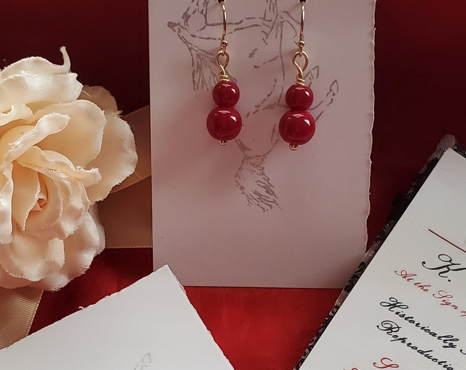 E-0521 - Red Coral Double Drops - Georgian, Regency, Costume, Reenactor, Everyday