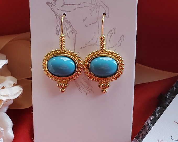 E-0574 - Sideways Turquoise Glass Drops - Roman, Regency, Ancients, Turquoise Glass, Blue, Sleeping Beauty, Jane Austen, Cleopatra