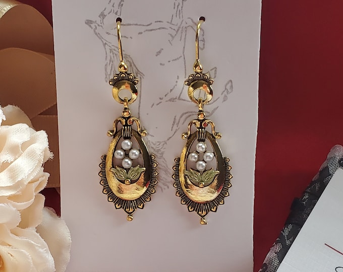 E-0751 - Floral Pearl Gold Earrings - Regency, 1820's, Lafayette, Georgian