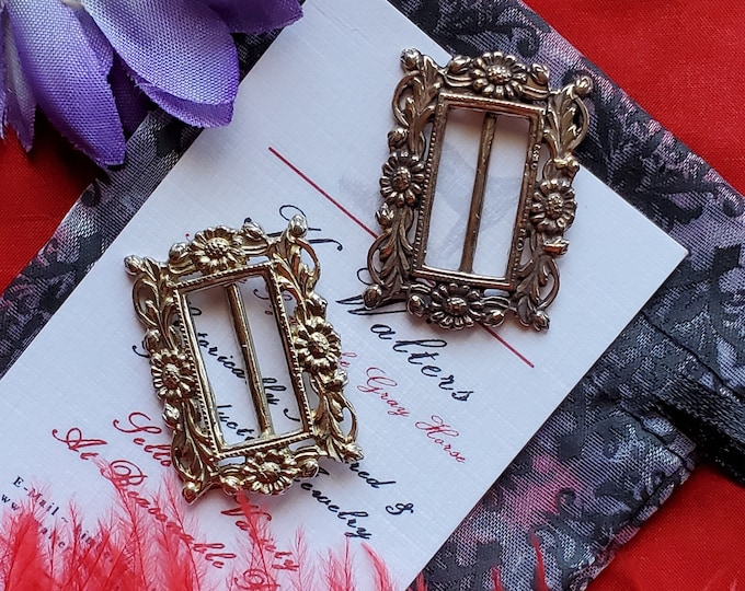 SB-0015 - White or Yellow Bronze Ribbon Flower Buckle Slides - Georgian, Regency, Victorian, Civil War, Edwardian, Ribbon Buckle