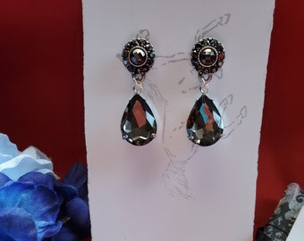 E-0647 - Pendientes de lágrima de cristal de diamante negro y nomeolvides de marcasita - Pendientes georgianos, pendientes de la Regencia, diamante negro
