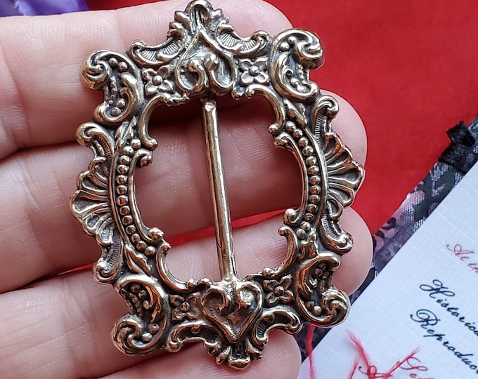 SB-0025 - Bronze Shell and Heart Ribbon Buckle Slide - Georgian, Regency, Victorian, Civil War, Edwardian