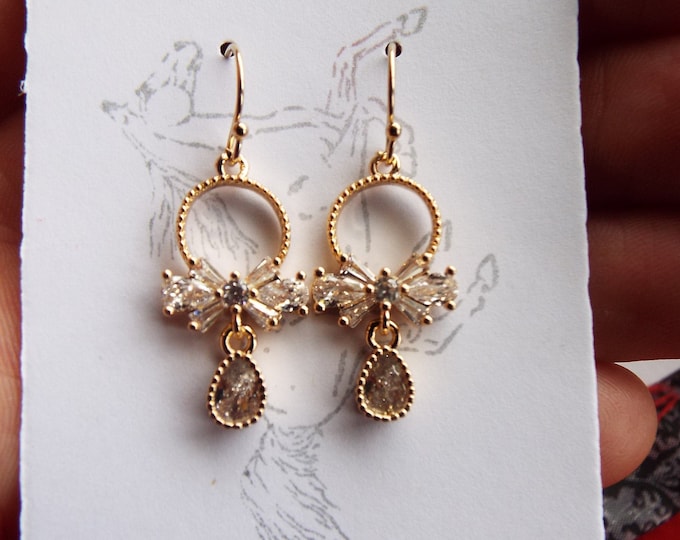 E-0104 - Circle Crystal Bow and Crystal Teardrop Earrings - Georgian, Regency, Wedding, Prom, Special Occasion