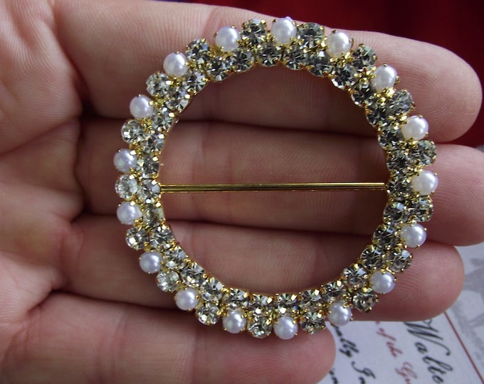 Item SB-0007 - Silver or Gold Rhinestone and Glass Pearl Belt Buckle Slide - Sash Buckle, Hat Buckle, Shoe Buckle