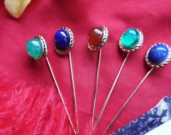 Item P-0008A - Gold Stick Pin with Cabochons - Ascot Pin, Kerchief Pin, Regency Stick Pin, Edwardian Pin, Victorian