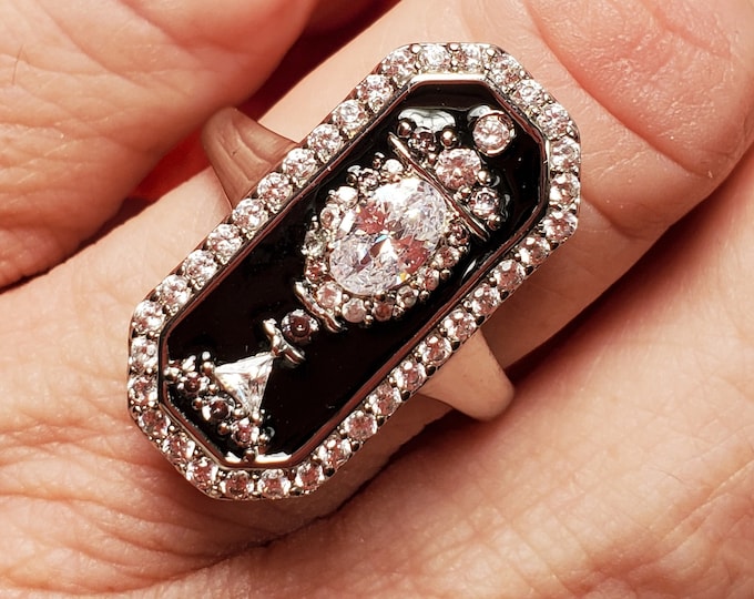 R-0078 - Mourning Urn Black Enamel and CZ Ring - Memento Mori, Reproduction, Marie Antoinette