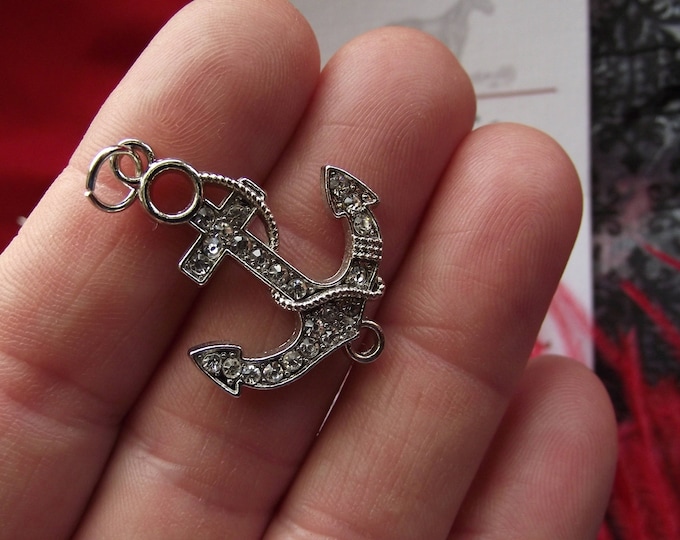 PE-0097 -  Rhinestone Silver Anchor of Hope Pendant - Georgian Pendant, Regency Pendant, Anchor Pendant, Anchor Charm