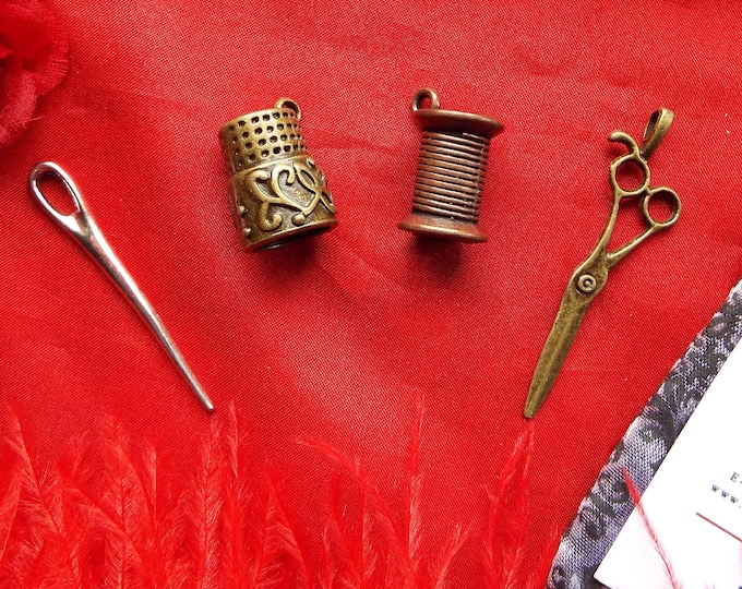 PE-0098S - Brass Needle, Thimble, Thread, and Scissor Charms - Equipage, Chatelaine, Pendant