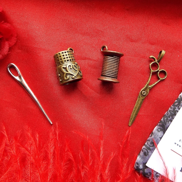 PE-0098S - Brass Needle, Thimble, Thread, and Scissor Charms - Equipage, Chatelaine, Pendant