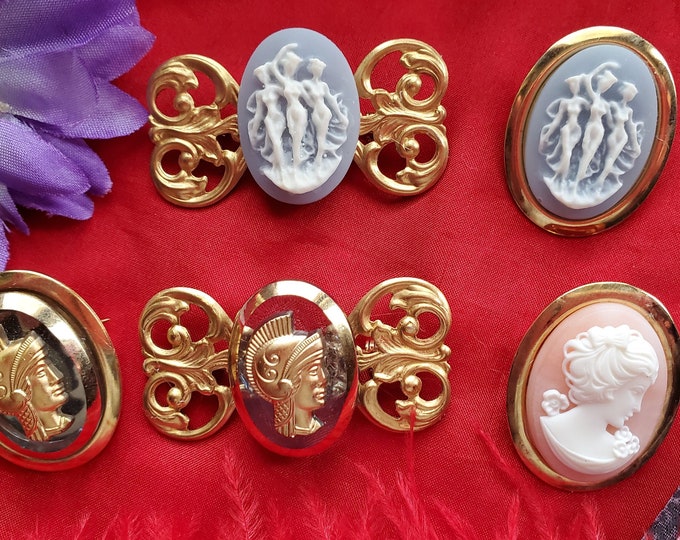 BR-0071 - Handmade Cameo and Reverse Intaglio Brooch - Sash Brooch, Scarf, Lapel, Hat, Warrior Reverse Intaglio, Lady Cameo