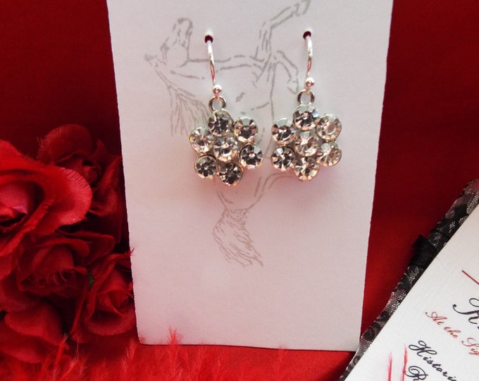 Item E-0161R - Crystal Cluster Flower Earrings - Georgian Earrings, Forget Me Not Earrings, Clear Crystals