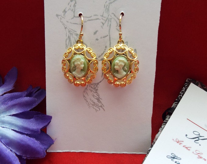 Item E-0239C - Vintage Cameo Earrings - Classical, Regency, 19th century, Cameos, Green