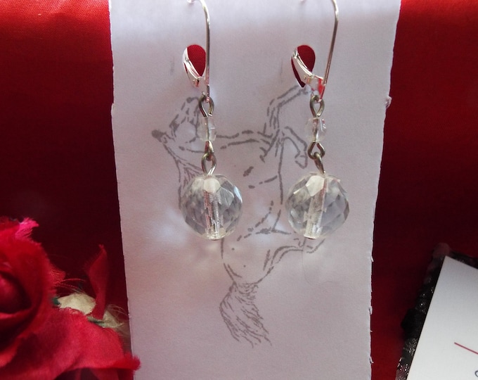 E-0547CB - Clear Faceted Glass Crystal Ball Earrings, Georgian, Regency Earrings, Victorian, Reenactor Earrings, Costumer, Crystal Ball