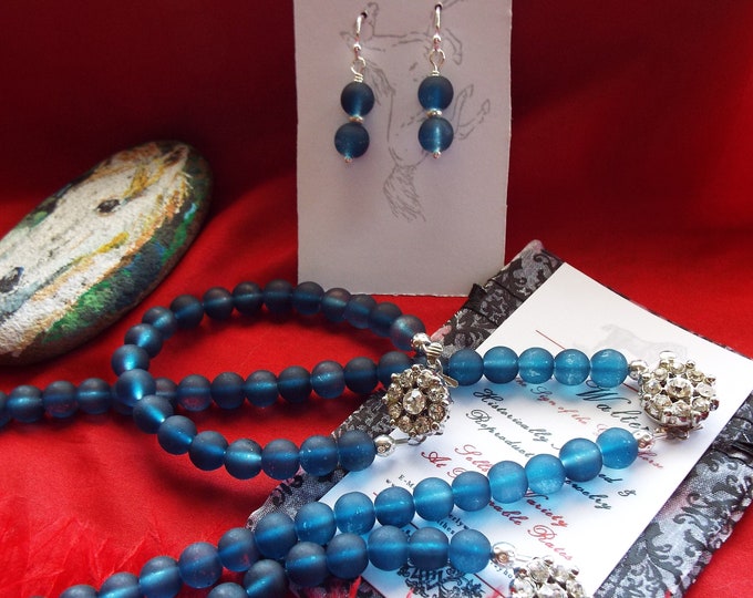 Item N-0072F - Navy Blue Frosted Glass Bead with a Forget Me Not Rhinestone Silver Slide Clasp Necklace