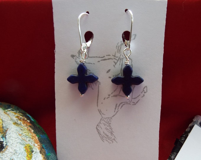 E-0014D - Dark Blue Howlite Cross Earrings - Regency Earrings, Georgian Earrings, Renaissance Earrings, Victorian Earrings, Plus Sign, Cross