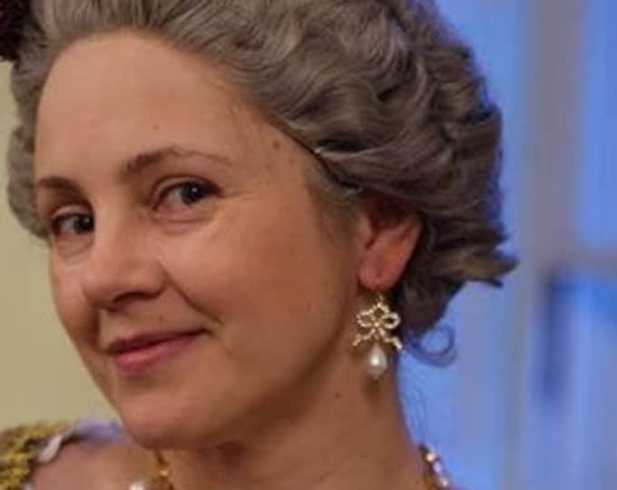 E-0580 - Pearl and Bow Earrings with White South Sea Shell Pearl Drops - Georgian Bow Earrings, Georgian Earrings, Gilded Earrings