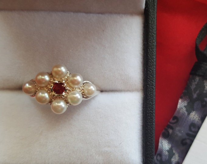 R-0067 - Elizabethan Pearl and Ruby or Emerald Cluster Ring - Pearl Cluster, Pearl, Georgian, Regency, Renaissance, Bridgerton Inspired