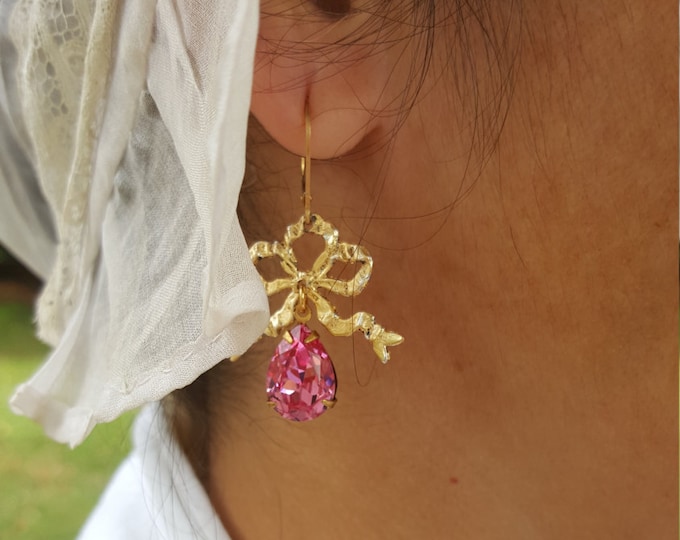 E-0580P - Paste and Gold Bow Drop Earrings - Georgian Bow Earrings, Georgian Earrings, Gilded Earrings
