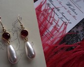 E-0564 - Gold-Filled Earwires with a Small Round Ruby Swarovski Crystal and a White Glass Pearl Teardrop - Regency, 18th Century earrings