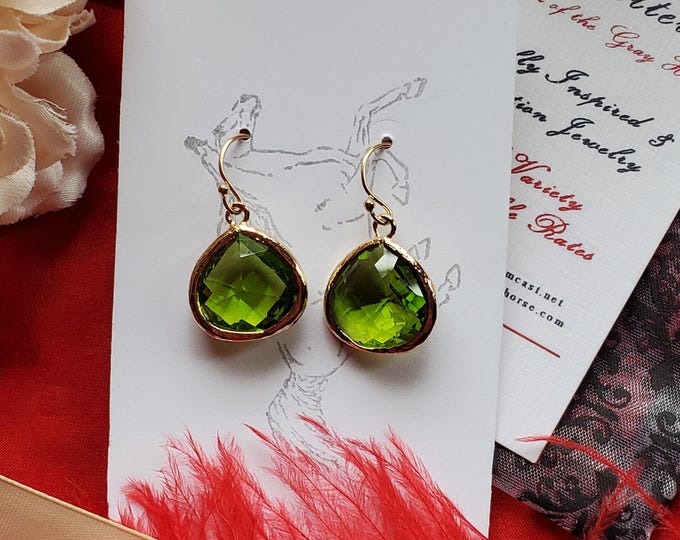 E-0405 - Olivine Teardrop Earrings - Georgian, Regency, Queen Victoria, Living History, Green Cut Glass